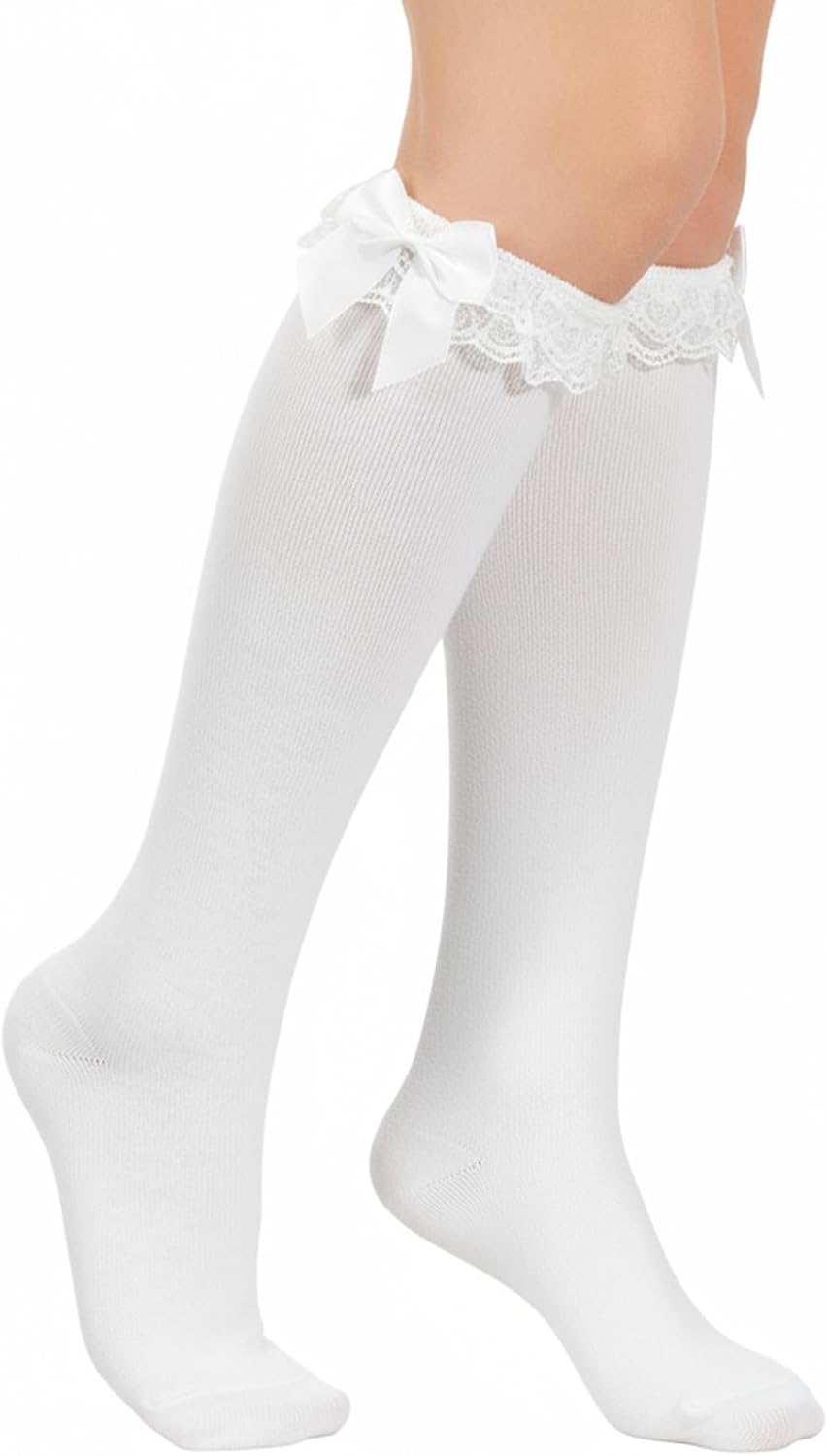 Lace Knee High Socks with Bow Knee High White Socks White Bow-knot Soft Princess Loli Sock for Daily Wear School Dating Dance Bow Style
