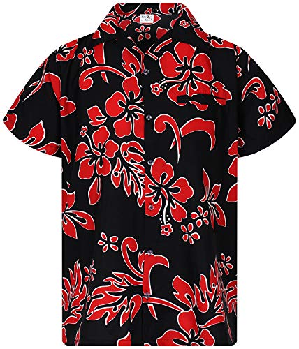 Funky Hawaiian Shirt, Shortsleeve, Hibiscus, Red on Black, S