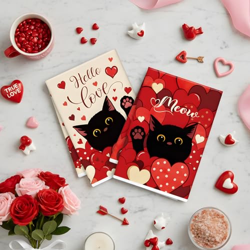 Image of Valentines Day Kitchen Towels, 4 PCS Black Cat Red Heart Dish Towels, Absorbent Hello Love Dish Cloth Hand Towel for Kitchen Anniversary Wedding Valentines Decoration Housewarming Gifts