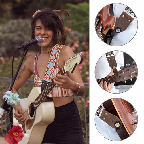 Image of Nefelibata Guitar Strap,Crazy Horse Leather Jacquard Embroidery Cotton Guitar Straps for Bass, Electric & Acoustic, Best Gifts for Guitarists(Retro White Daisy)