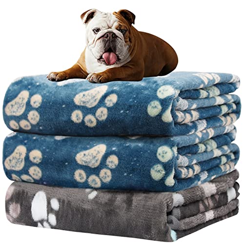 Image of 1 Pack 3 Blankets for Dogs, Dog Blankets for Large Dogs, Medium Dog Blanket Super Soft Fluffy Premium Fleece Pet Blanket Flannel Throw for Dog Puppy Cat Paw Blanket, Blue 2+Gray 1,20x30inch