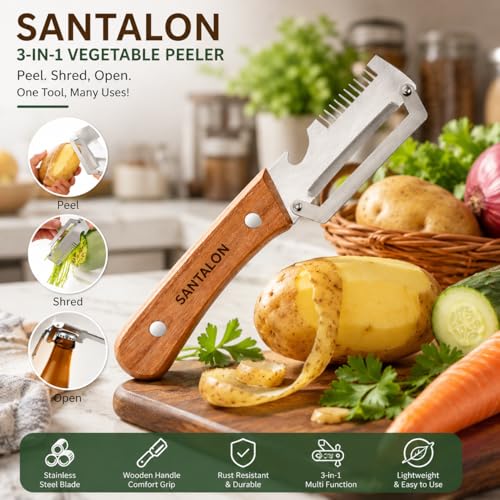 Image of Vegetable Peeler with Wooden Handle, Stainless Steel Wide Blade Potato and Carrot Peeler, 3-in-1 Veggie Peeler with Scallion Shredder and Bottle Opener for Kitchen, Camping and Travel