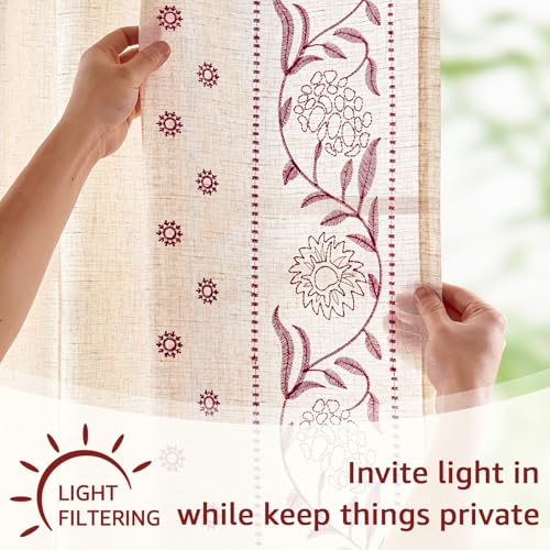 Image of jinchan Burgundy Linen Curtains for Living Room 63 inch Back Tab 2 Panels
