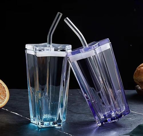Image of KHOLAD Glass Water Tumbler with Lid and Straw, Transparent Drinking Cup Cute Pentagram Design Color Glass Coffee Sipper Mug for Smoothie Soda Ice Tea (Purple, 350ml, Set of 1)