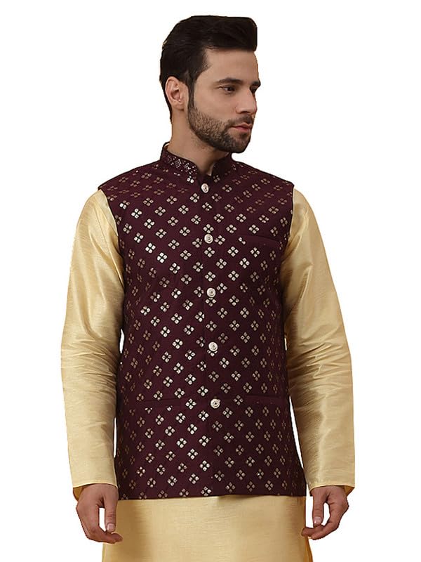 kraft india Men's Cotton Silk Sequenced Sleeveless Embroided Floral Nehru Jacket-picture-34