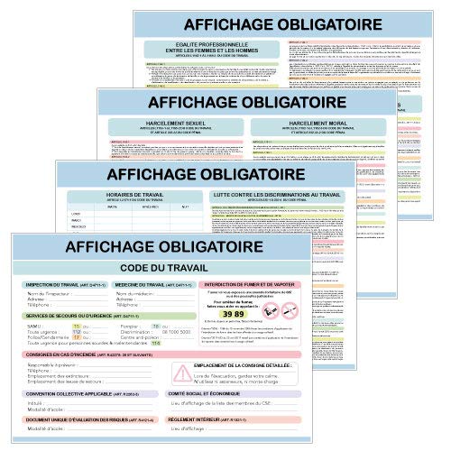 Adhésif - Affichage Obligatoire - Code du Travail - Lot de 4 Visuels Format A4 en Adhésif Laminé - Protection Anti-UV