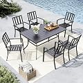 MFSTUDIO 7-Piece Metal Outdoor Patio Dining Furniture Set with 6 Steel Slat Chairs and 1 Metal Steel Slat Dining Rectangle Table with 1.57" Umbrella Hole, Black