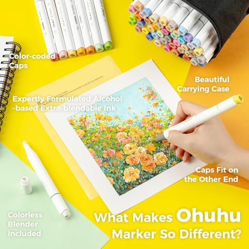 Image of Ohuhu Alcohol Brush Markers 48 Mid-tone Colors- Double Tipped Alcohol Based Art Marker Set for Artists Adults Coloring Sketch Illustration- Brush & Chisel Dual Tips- Honolulu- Refillable