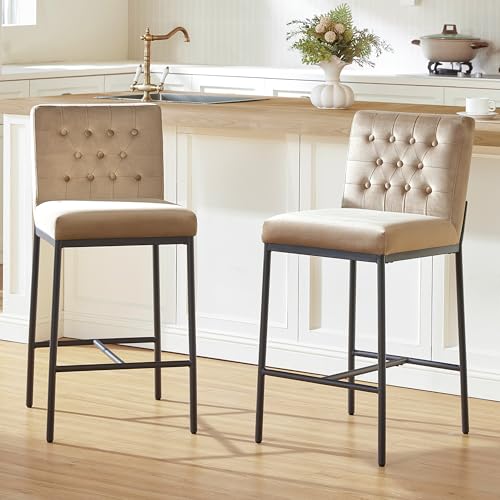 Image of CHITA Modern Bar Stools with Tufted Back Set of 4, 26 inch Counter Height Bar Stool with Metal Legs for Kitchen Island & Dining Room, Toffee Fabric, Black Frame
