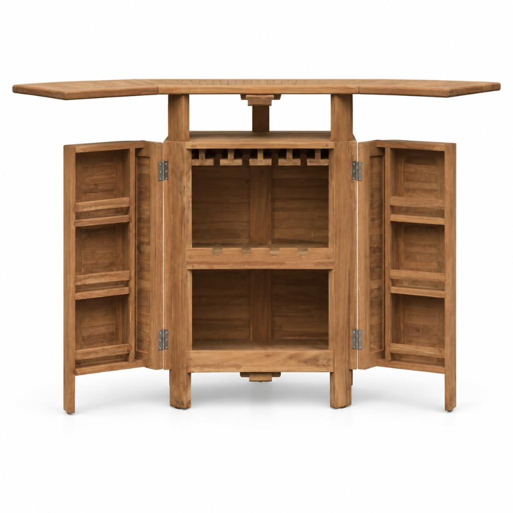 Banc de bar pliable en bois de teck pour extérieur Apéro | Meuble bar d'extérieur avec porte-bouteilles et porte-verres intégrés | Comptoir à cocktail pour terrasse, patio et piscine |