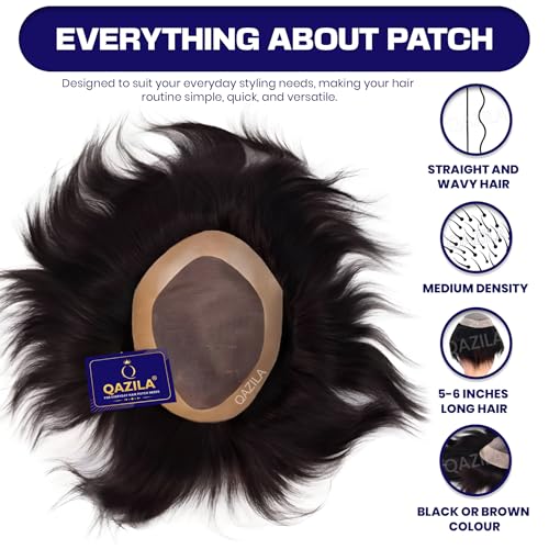 Image of Qazila Monofilament Hair Patch for Men | 100% Natural Human Hair | Freestyle | Durable Base for Longer Life upto 8-12 Months | Easy to Clean, Self-Service & Install | Natural Black | 8x6 inches