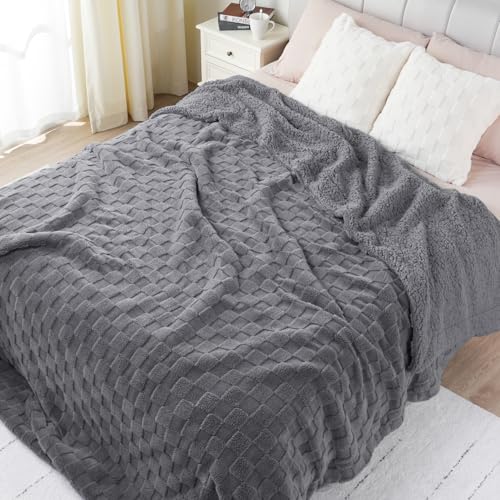Manta de forro polar tamaño King para cama, lujosa manta gruesa y cálida de sherpa a cuadros para invierno, manta de felpa mullida extra grande, gris, 90 x 108 pulgadas