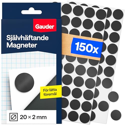 GAUDER Klistermärken magneter - runda magneter för anteckningar, foton och kreativa projekt - självhäftande magnetiska plattor för lätta föremål (150 st - 20 x 2 mm)