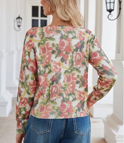 Women's Floral Cardigan Sweater Button Down Knit Long Sleeve Open Front Lightweight Casual Fall Outwear Cardigan Tops2