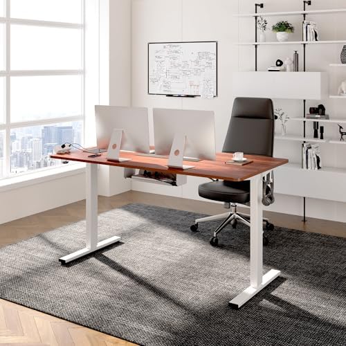 FLEXISPOT EN2 55"x28" Whole-Piece Standing Desk with Power Strip, Mahogany - 1