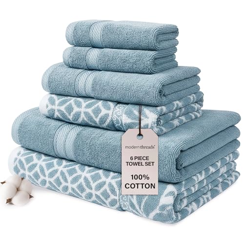 Modern Threads Trefoil Filigranes Baño, 2 Toallas De Mano Y 2 Paños, Algodón, Azul Esterlina, Estándar