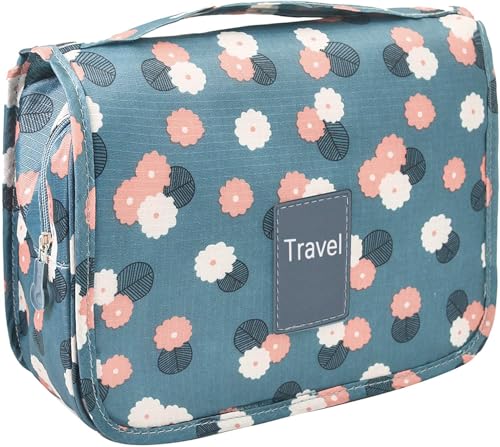 Trawila Travel Hanging Toiletry Bag Cosmetic Bag Makeup Organizers for Men & Women with Sturdy Hook (Blue flower)