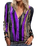  ORANDESIGNE Chemisier Femme Manches Longues T Shirt Rayures Chemise Chic Col en V Fermeture Éclair Blouse Tunique Multicolore Tops Violet XXL