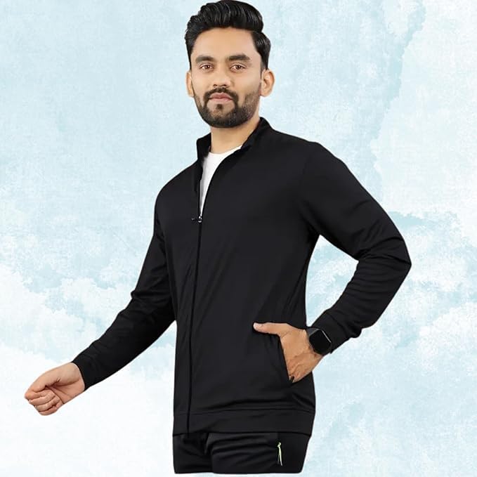 Image of Casual Jackets For Men's Solid Wind Cheater Jacket With Zipper Ribbed Waist And Ribbed Wrist Cuffs For Perfect Fit Casual And Sports Jacket