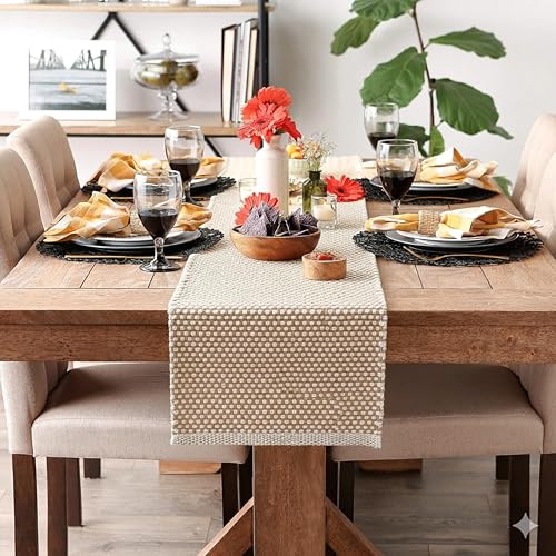 Image of The Home Talk Handwoven Cotton 4-6 Seater Table Runner - White Design - Eco-Friendly, Textured, Durable for Dining Table, Coffee Table, Console - 13x72 Inches