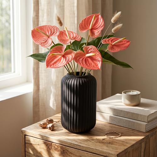 Image of PUREZENTO Black Ribbed Texture Ceramic Vase - 6 Inch | Vases for Centerpiece Home Decor, Living Room & Bedroom | Vase for Pampas Grass, Dried & Artificial Flowers