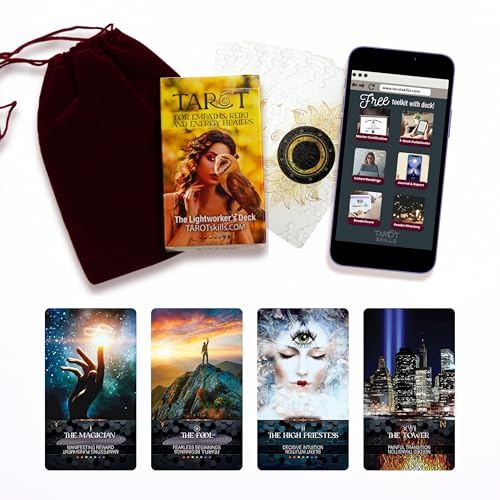 TAROTskills Lightworker’s Tarot Deck – 78 Beginner Tarot Cards with Rider Waite Symbols, Chakra & Reiki Aligned, Easy Upright/Reversed Meanings, Intuitive Spiritual Guidance, USA-Made