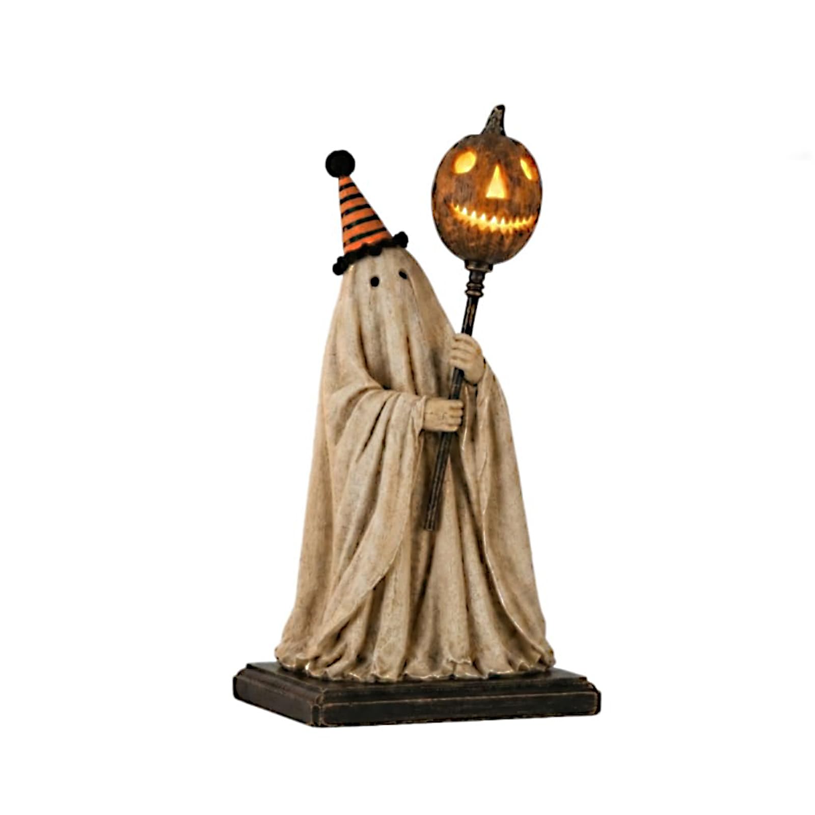 JORCEDI Lighted Vintage Ghost Figurine with Glowing Pumpkin Staff Resin Halloween Tabletop Decoration with Warm LED Glow Seasonal Mantel & Home Decor Ornament (1 Pcs)
