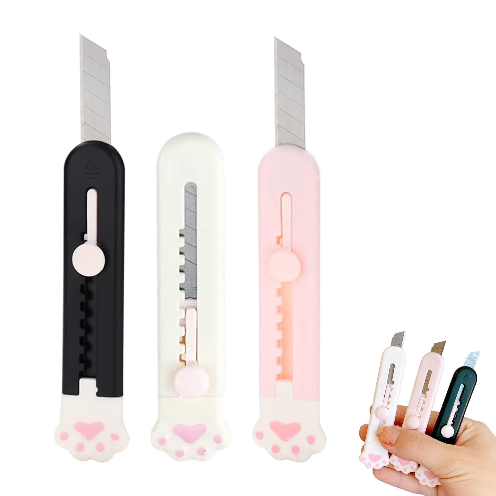 Mini Cutter Rétractable Patte de Chat, Couteau Utilitaire Ouvre-Lettre Coupe-Boîte pour Carton Papier, 3 Couleurs