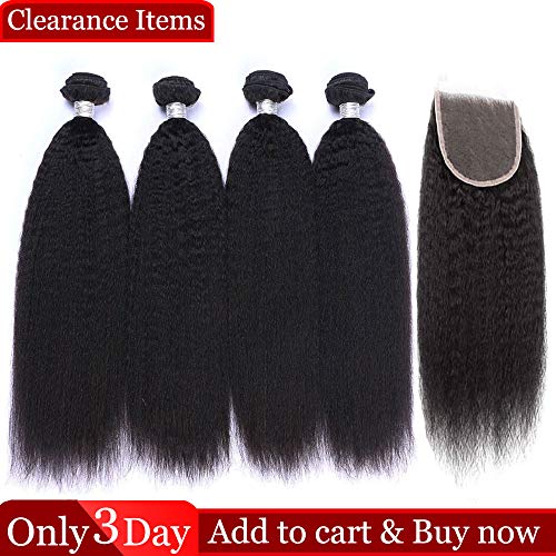 Dingfeng Hair 7A Brazilian Kinky Straight Human Hair Weave 4 Bundles With 44 Lace Closure 100% Unprocessed Brazilian Virgin Hair Yaki Remy Hair Extensions Natural Black Color(16161818+14, Yaki)