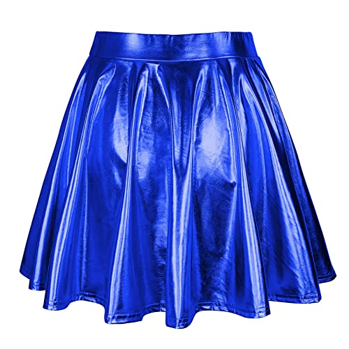 Metallic Skirt Womens Skater Skirt Flared High Waisted Mini Rave Skirt Halloween Skirts For Women Blue Small #TOP1