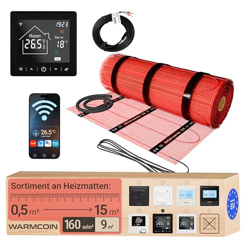 Warmcoin Elektrische Fußbodenheizung Komplettset – Selbstklebende Heizmatte für Fliesen, Laminat, Vinyl & Parkett – Inkl. Thermostat W70 Weiß