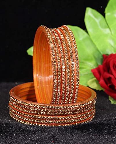 Image of NMII Glass with Zircon Gemstone and Beads Studdded Glossy Finished Traditional Bangle Set For Women and Girls