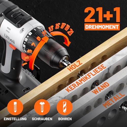 Litheli 20V Akku Bohrschrauber Set mit 2.0 Ah Akku, 64-teiliges Bohrer-Set，21+1 Akkubohrer 50Nm Drehmoment Max,2-Gang, LED-Licht für Reparatur & DIY 3
