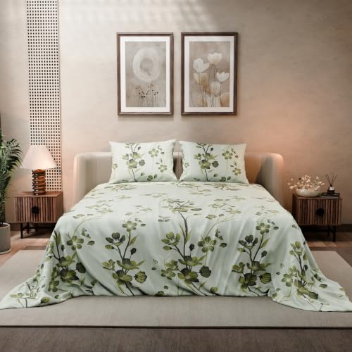 Image of BLISSHOME SoftTouch 140TC Cotton King Size Printed Bedsheet with 2 Pillow Covers for Double Bed, Silky Smooth Bedding Set, Breathable, Easy Maintain, Floral Print - Green
