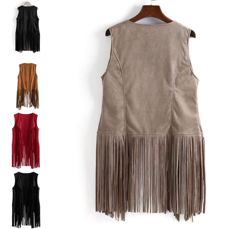 Chaleco hippie sin mangas para mujer con flecos gamuza sintética vintage borlas cárdigan