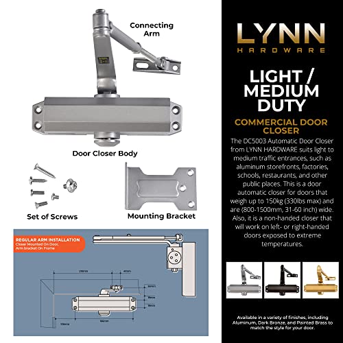 Lynn Hardware Light/Medium Duty Residential/Light Commercial Door Closer - Dc5003 Surface Mounted, Cast Aluminum Door Closer, Adjustable Closing, Grade 2 & Ul 3 Hour Fire Rated - Us26D Aluminum #TOP2