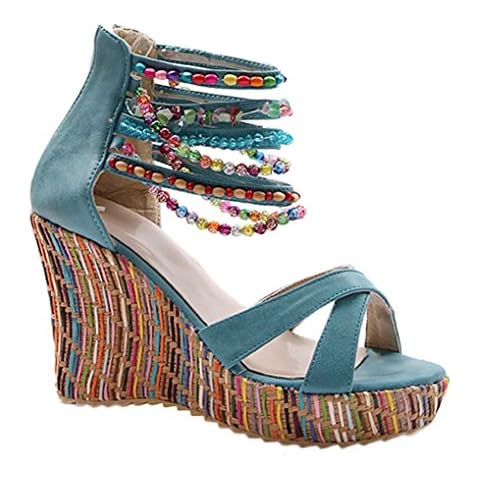 Lazutom Women Lady Summer Bohemian Beads Ankle Strap Platform Wedges Casual Summer Sandals (EU 43, Blue) Cover