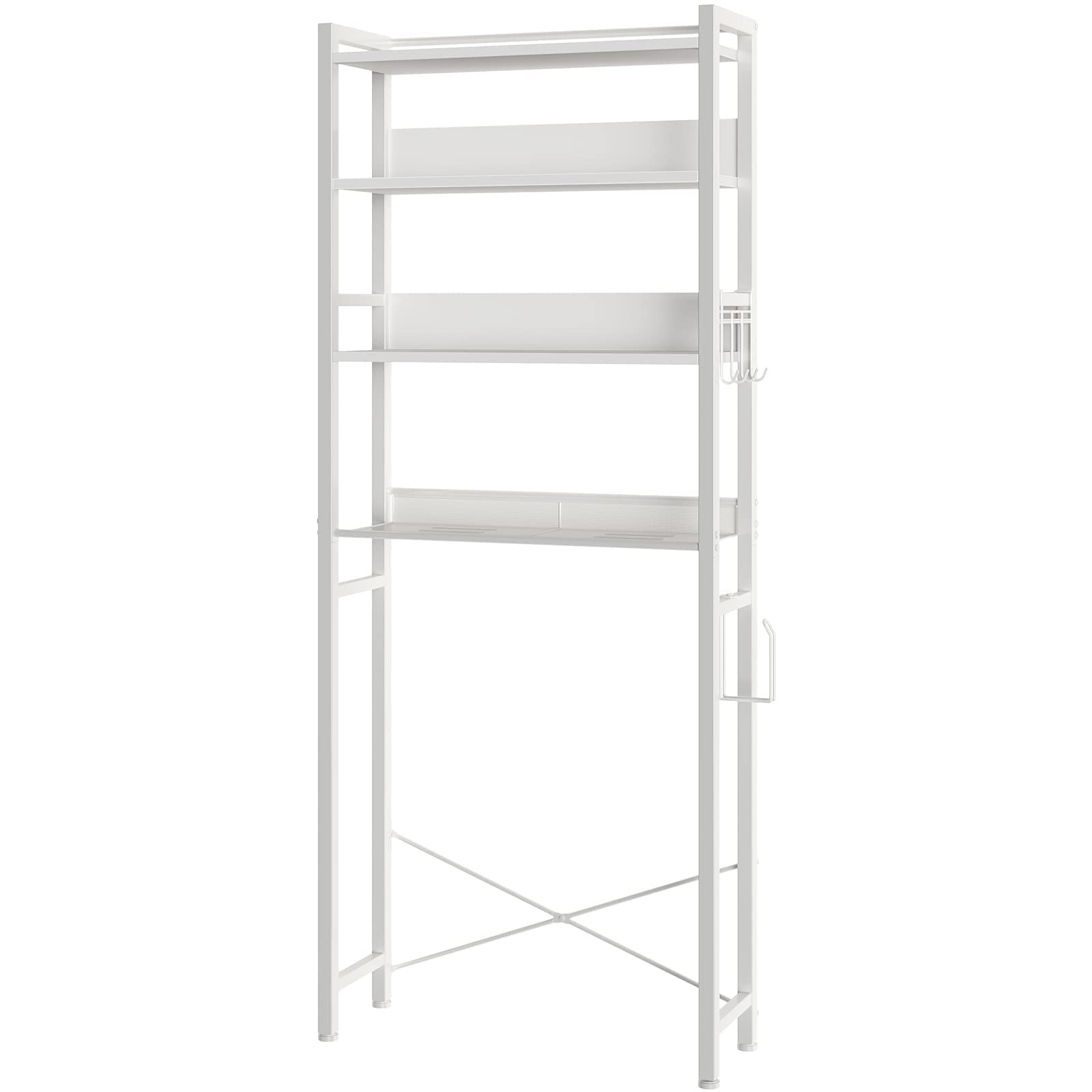 Rolanstar Over The Toilet Storage, 4-Tier Wooden Bathroom Space Saver with Hooks, Freestanding Bathroom Organizer, Multifunctional Over The Toilet Storage Rack, Bathroom Toilet Rack, White