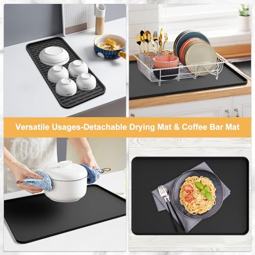 Silikon Unterlage Kaffeemaschine,2-in-1 Kaffeematte 61 x 41 cm,hitzebeständige rutschfeste Trockenmatte Unterlage für Kaffeemaschine, Kaffeevollautomat & Espressomaschine,mit abnehmbarer Abtropfmatte