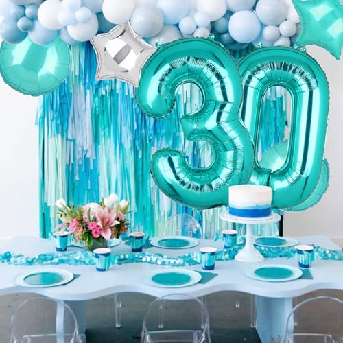 Image of Teal Blue Number 30 Balloons 40 Inch 30th Birthday Anniversary Theme 5 Pcs | Big Helium Mylar Digital Balloon Mermaid Wedding Party Decor Supplies