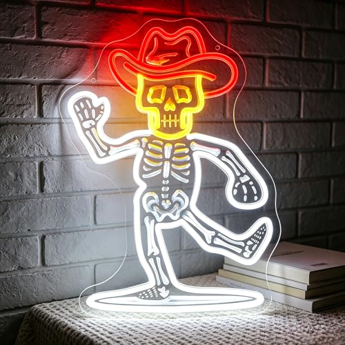Image of Cowboy Skeleton Neon Sign for Wall Decor Skull Light Up Sign Hallowmas Led Signs for Room Party Home Wall Decor USB Powered