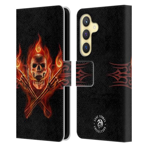 Carcasa Samsung S24 de cuero con soporte horizontal y tarjetero Hellfire Skull