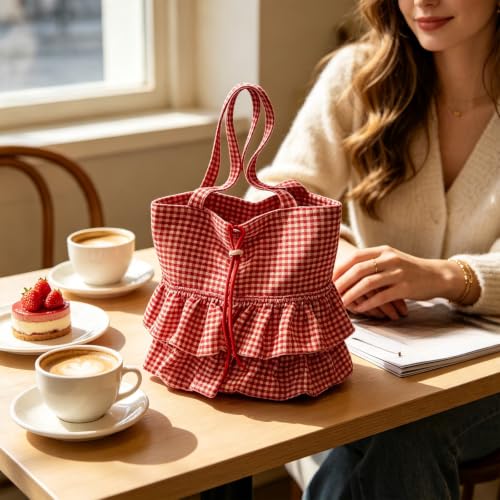 Vintage Red Slouchy Shoulder Bag, Large Capacity Plaid Tote Bag, Fall Bag - image 5