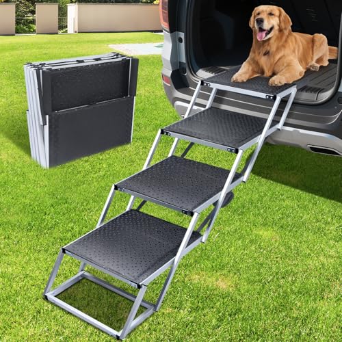 Dog Stairs for Large Dogs Extra Wide Dog Ramp for Car with Non-Slip Surface Folding Dog Car Ramp for SUV & Car Outdoor Supports up to 250 lbs 4 Steps
