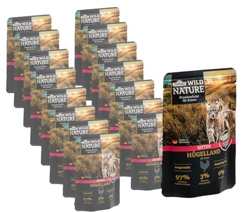 Dehner Wild Nature Katzenfutter Kitten Hügelland, Nassfutter getreidefrei / zuckerfrei, für junge Katzen, Huhn, 16 x 85 g Beutel (1.36 kg)