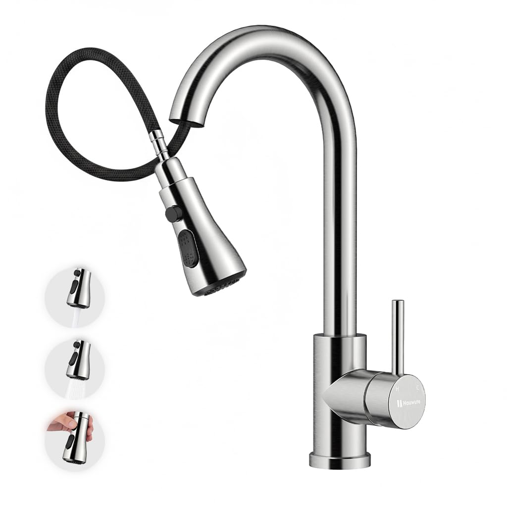 Hauwute Kitchen Faucet with Pull Down Sprayer Brushed Nickel Kitchen Sink Faucet 304 Stainless Steel Single Handle High Arc Faucet for 1 Hole Setup Modern 3-Mode Sprayer for RV Farmhouse & Bar