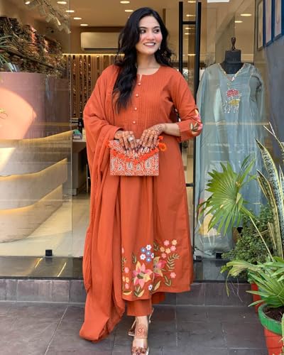 Image of GoSriKi Women's Rayon Viscose Embroidered Anarkali Kurta with Pant and Dupatta | Three Piece Ethnic Kurta Set for Women with Elegant Design