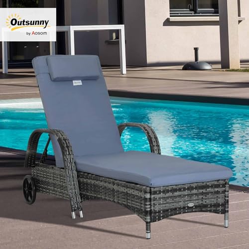 Outsunny Rattan Sun Lounger, Garden Lounger Recliner with Wheels and Adjustable Backrest, Outdoor Reclining Sunbed Garden Chair with Cushion and Headrest for Patio, Beach, Terrace, Grey