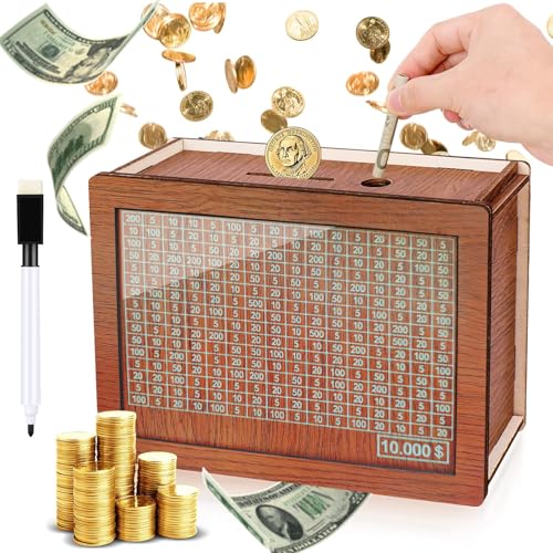 ZHYEED Wooden Money Box for Adults and Kids,Savings 10000 Dollar Challenge Box,Mark Bank with Numbers,Anti-Drop Design