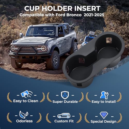 Image of Center Console Cup Holder Inserts for Ford Bronco 2025 2024 2023 2022 2021 (Not for Bronco Sport), Interior Accessories Car Cup Holder for 2021-2025 Bronco, Black